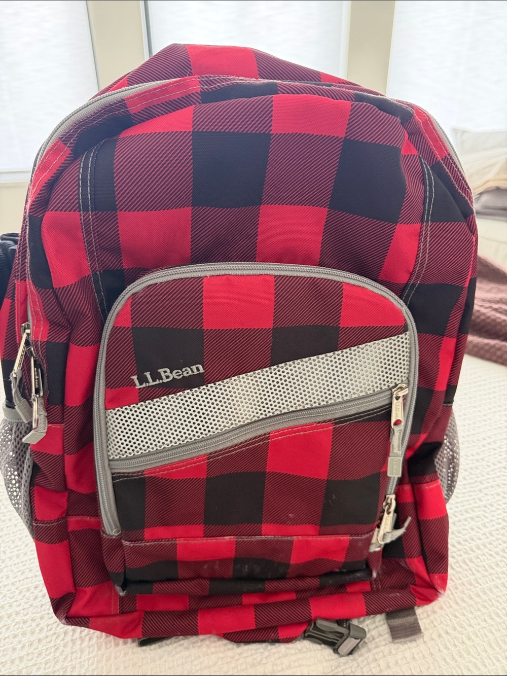 L.L. Bean Red and Black Buffalo Plaid Backpack
